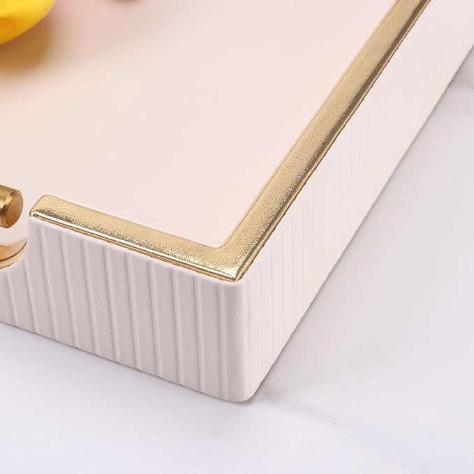 Wooden Structure Leather Decorative Tray With Brushed Champagne Gold Handle - Square Coffee Table Farmhouse Counter PU Serving Storage Tray (White)