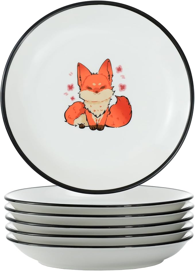 SOCOSY Super Cute Cartoon Animal Ceramic Sauce Dishes, Seasoning Dishes, Little Cat Dog Bird Feeding Bowls, Sushi Soy Dipping Bowls, Appetizer Plates, Dessert Plates, Set of 6-Fox-5 Inch