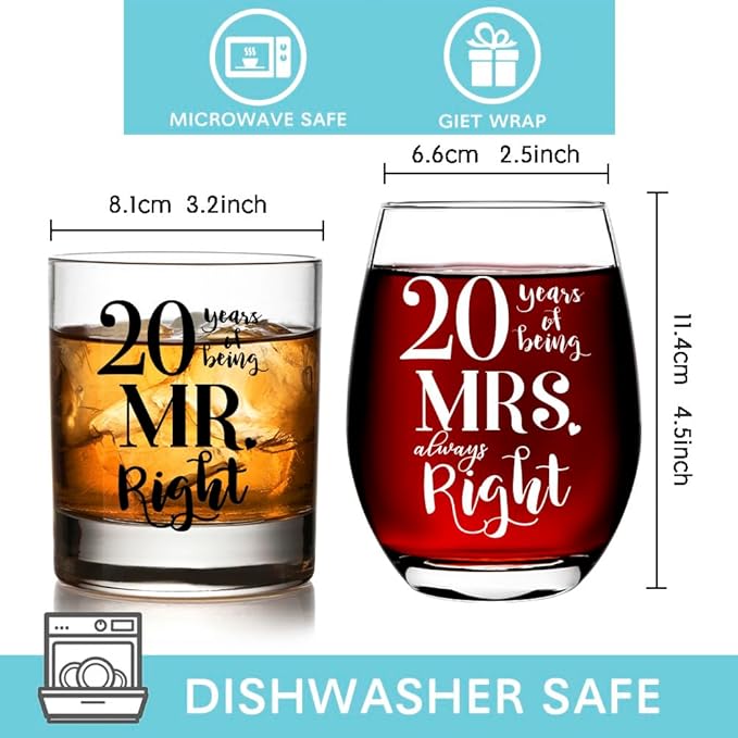 20th Anniversary Wine Glasses for Couples, 20 Years Wedding Gifts, 20th Being Mr Mrs Gifts Set, 20th Anniversary Wine Glass for Parents & Lovers