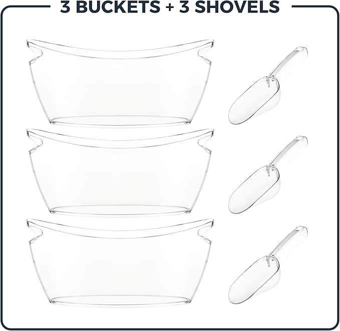 Clear Ice Buckets for Parties 3 Pack, 5.5L Clear Beverage Tub w/Handles & Scoops, Drink Buckets for Parties, Acrylic Beverage Tub, Mimosa Bar Supplies for Sparkling Wine Champagne Beer Drinks