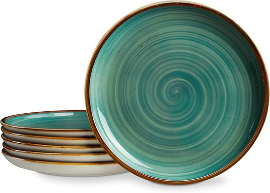 ONEMORE Ceramic Dinner Plates Set of 6, 8.5 inch Small Stoneware Plates for Appetizer, Salad and Dessert. Oven, Microwave and Dishwasher Safe Plate, Stackable, Rustic Kitchen Porcelain Dish, Teal