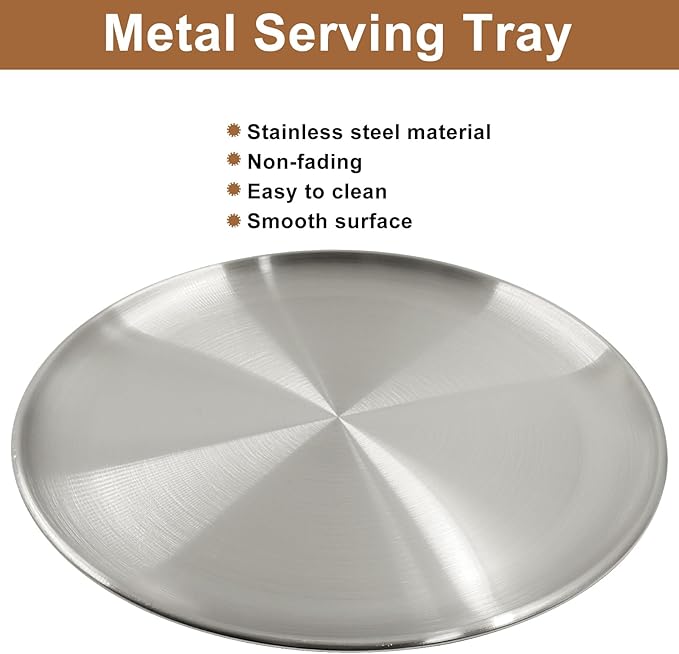 Piutouyar 26 cm / 10.24 Inch Round Serving Tray, Stainless Steel Circular Metal Platter, Decorative Tray Silver Dinner Dishes for Kitchen, Bathroom, Home