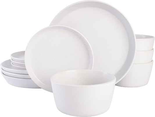 Gibson Soho Lounge Sofia Coupe Stoneware Dinnerware Set, Service for 4 (12pcs), White w/Speckle