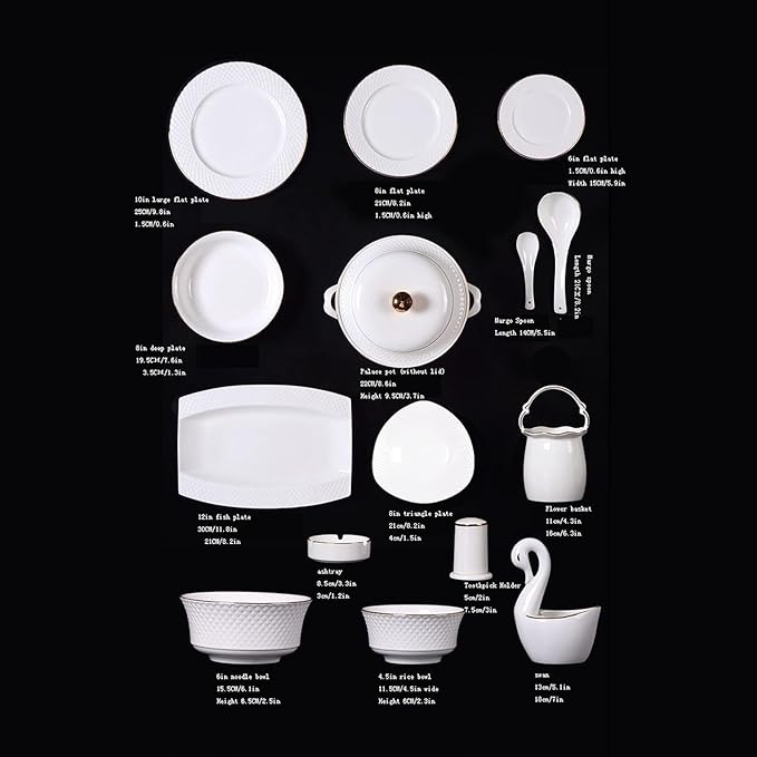 Elegant Dinnerware Set Dinner Plates Bowls Set Ceramic Tableware Set, White Porcelain 60-Piece Set, Personalized Kitchen Plate and Bowl Set