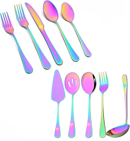10-Piece Rainbow Flatware Set With Serving Set, 18/0 Stainless Steel Cutlery Set Service For 6, Mirror Polished, Dishwasher Safe