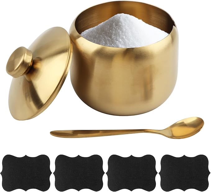 15oz Sugar Bowl with Lid and Spoon, Round Sugar Jar Kitchen Storage Container for Seasonings, Sugar, Salt, Pepper, Spices, Coffee Bar Kitchen Accessories, Dishwasher Safe(COLOR:Gold)