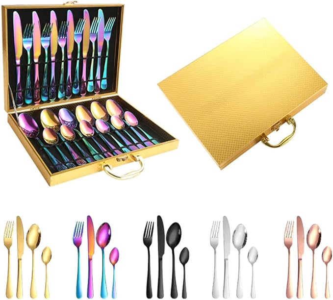 Gift Box 24pcs Set Cutlery Dinnerware 410 Stainless Steel Flatware Set Tableware Suit Dinner Spoon Fork Knife Flatware Serving Sets (Gold + White)