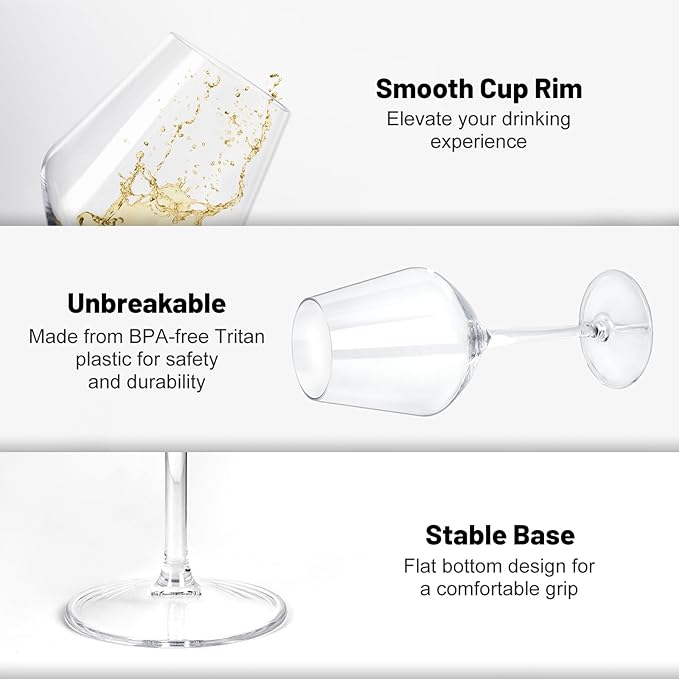 Wine Glasses Set of 4, 15oz Unbreakable Plastic Stemmed Wine Glasses for Red or White, BPA Free, Reusable for Outdoor Camping, Parties, Home Bar, Unique Gift for Christmas, Wedding, or Birthday