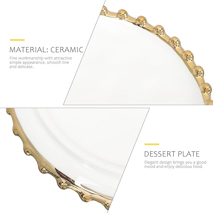 FUOYLOO Round White Ceramic Plate Gold Rim, Nordic Style Dish for Salads, Sandwiches, and Catering