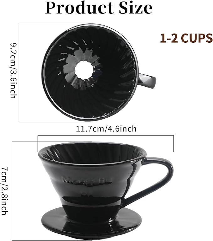 Mongdio Ceramic Pour Over Coffee Dripper, Reusable Porcelain Portable Pour Over Coffee Maker, Slow Brewing Accessories with 1 Holes for Home - Size 01 Black
