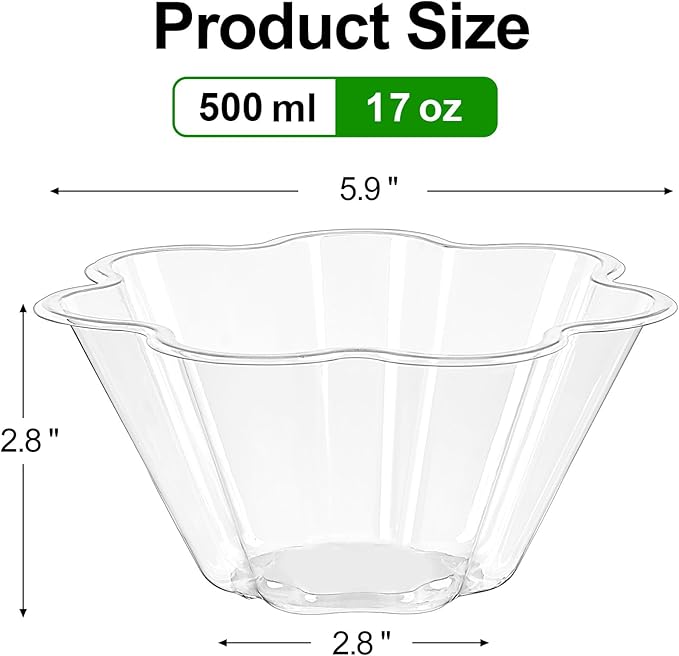 TOFLEN 17 Oz Clear Plastic Bowls for Parties, 100 Pack Flower Shaped Disposable Hard Plastic Party Bowls for Dessert, Ice Cream, Parfait, Fruit, Salad, Snack and More Cold Food