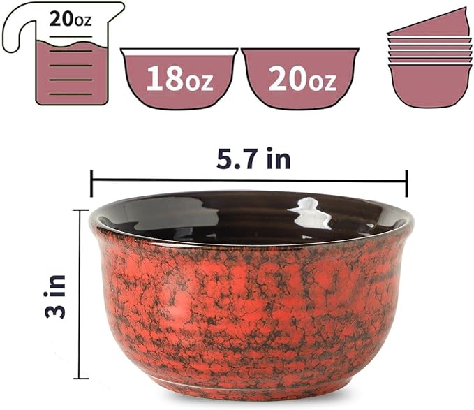 MEKY 20OZ Soup Bowls, Ceramic Cereal Bowls Set of 6, Perfect for Oatmeal Desserts Salads Rice Pasta Breakfast,Stackable Serving Bowls for Daily Meals Party Gifting, Microwave & Dishwasher Safe, Red