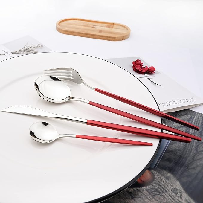 40 Pcs Silverware Set With Teaspoon For 10, Food Grade Stainless Steel Utensils Tableware Set, Elegant & Simple Flatware Serving Set Include Knife Fork Spoon, Mirror (Red Silver)