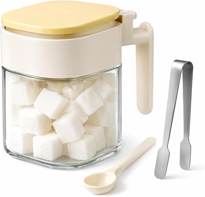 Sugar Cube Container with Tongs, 400ml Airtight Sugar Bowl with One-Touch Lid & Spoon Storage, Hygienic Utensil Compartment Jar for Coffee Bar Sugar Cubes or Powder (1, Beige)