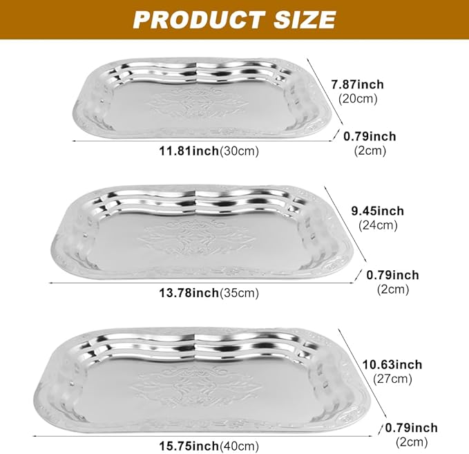 3Pack Silver Serving Trays Set,Vintage Floral Engraved Mirror Decorative Tray,Silver Platter Tray for Whiskey, Cookies, Charcuterie, Snacks, Desserts, Fruit, Party Food Display