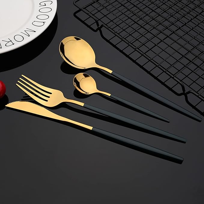 JASHII Hanging Flatware Set Include Knife Fork Spoon Teaspoon and Stand, 24pcs Stainless Steel Utensils Set Service for 6,Modern Design & Mirror Polished, Dishwasher Safe - Green Gold