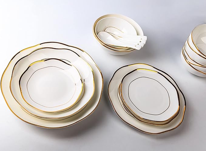 Dinner Sets, Bone China Dinnerware Series, 16-Piece White Porcelain Dinnerware Set, Gold Border Dish Set with Dessert Plates/Soup Plates/Dinner Plates and Bowls Sets, Tableware Ser