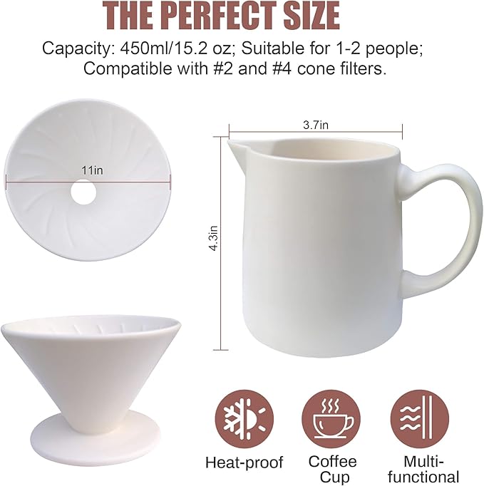 Ceramic Pour Over Coffee Maker Dripper - Uses Standard #2 & #4 Paper Filters, 450ml/15oz, White, Barista Style for Home & Office
