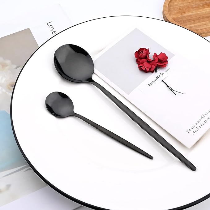 24-Piece Mirror Black Polished Flatware, 18/0 Stainless Steel Dinnerware Set Include Knife Fork Spoon Teaspoon Cutlery Set For Home Restaurant and Party Service For 6, Dishwasher Safe
