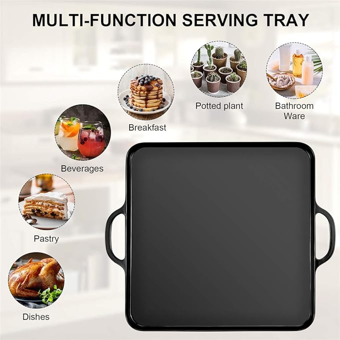 Square Serving Trays with Handles Melamine Black 12.5x12.5 Inch Spill Proof Kitchen Eating Trays Set of 2 for Cafeteria Cafe Food Appeizer Dessert Snack Dinner Lunch Breakfast,TR16-02