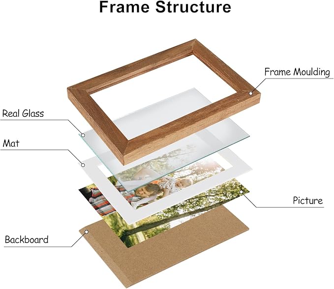 5X7 Double Wooden Hinged Picture Frame Vertical and Horizontal in Distressed Farmhouse Wood Grain, Display 4x6 with Mat or 5x7 without Mat, Folding Photo Frame with Real Glass Front for