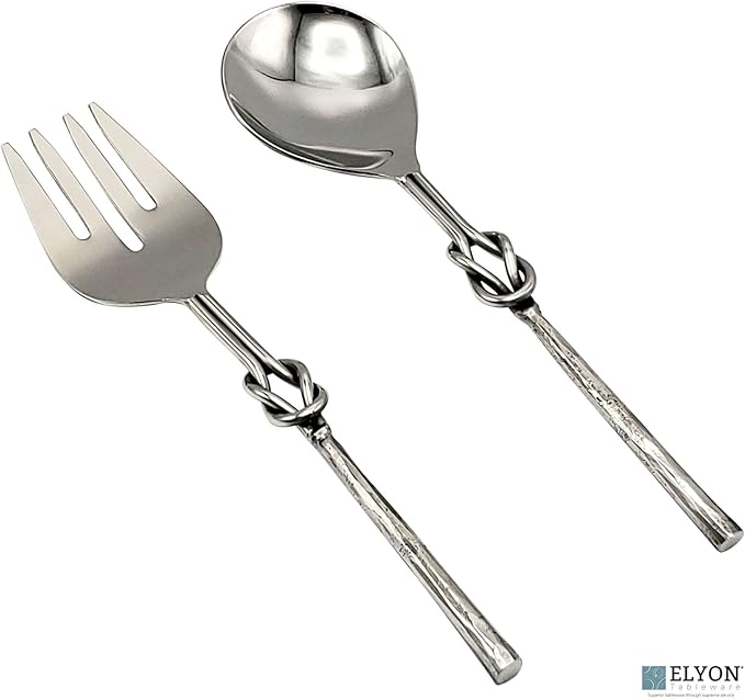 Elyon Reef Knot Reflective Silver Salad Serving Set Indian Artisan Made Hostess Set Hand Forged Stainless Steel 2 Pieces