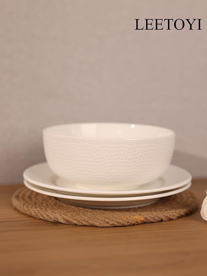 LEETOYI Ceramic Dinnerware Set, 26 OZ Bowl with Plates, Tableware for Kitchen and Formal Dining Used for Cereal, Salad, Pasta, Soup, Dessert, Dishwasher & Microwave Safe, White
