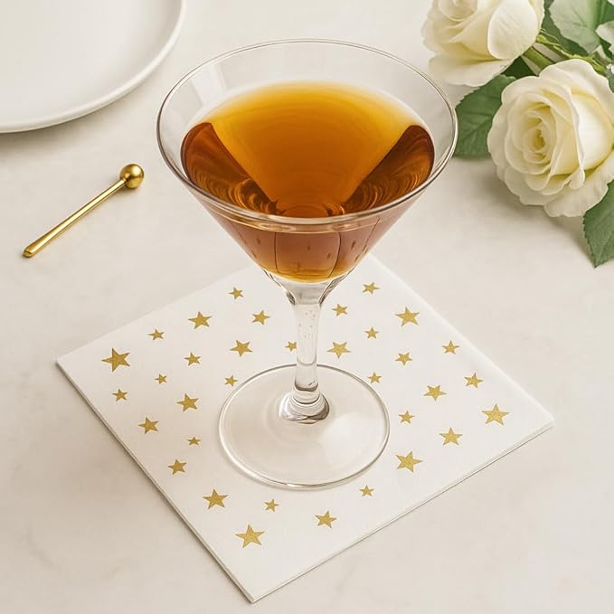 100 Pack White Cocktail Napkins with Gold Stars – 3-Ply Fancy Disposable Party Napkins 5x5 Inches for Weddings, Birthdays, Holidays, Baby Showers & Events – Elegant Gold Foil desgin by Hydro Energy