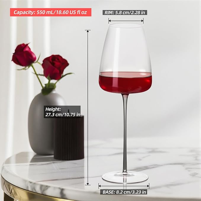 KAMMAK Wine Glasses Set of 2, 18.6 oz Hand Blown Crystal Bordeaux Wine Glasses, Thin Rim & Long Stem, Perfect for Red & White, Daily Use, Wedding or Birthday Gift with Gift Box, ZL-0-02