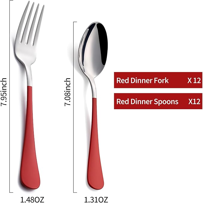24piece Red Forks and Spoons Silverware Set,Red Handle Silverware 18/0 Stainless Steel Flatware Bulk Forksand Spoons Dessert Forks and Table Spoon Set of 24 Dishwasher Safe