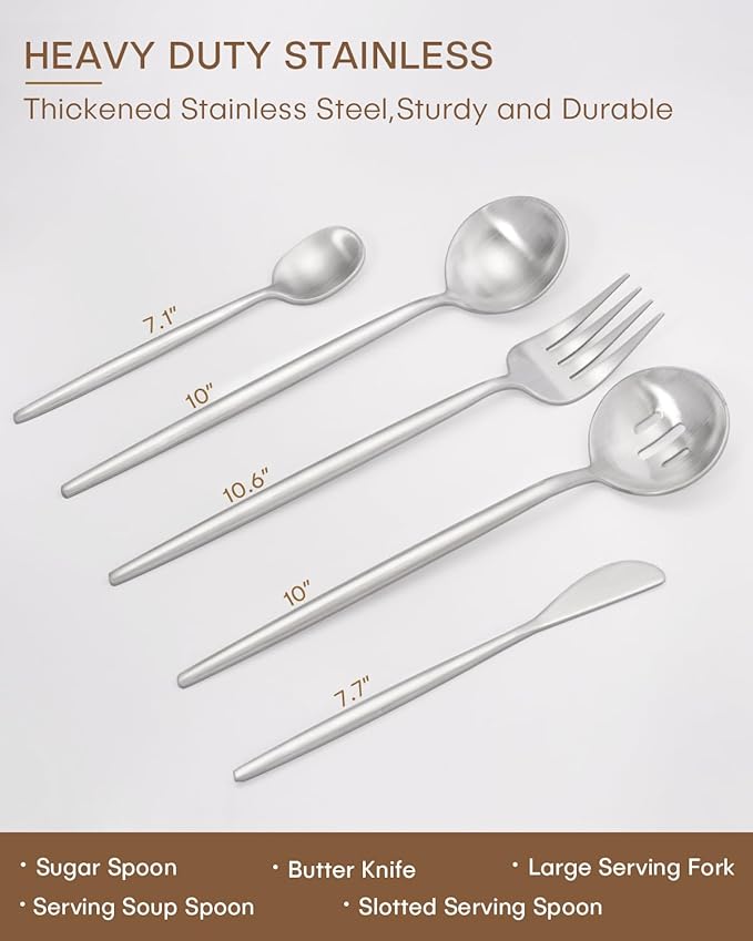 Stainless Steel Serving Set, Ollex 5-Piece Dishwasher Safe Silver Serving Utensil Set with Matte Serving Spoon,Slotted,Sugar Spoon,Butter Knife Serving Utensil for Parties Buffet