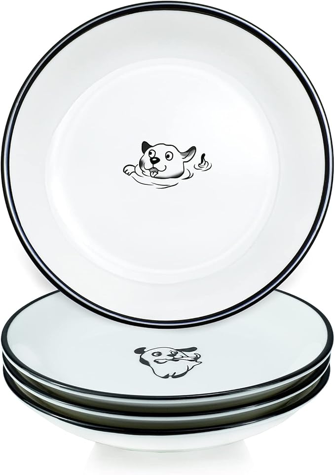 SOCOSY Cute Cartoon Happy Dogs Ceramic Seasoning Dishes Sauce Dish Sushi Dipping Bowl Appetizer Plates Tea Bag Holder Serving Dish for Kitchen, 5 Inch, Set of 4