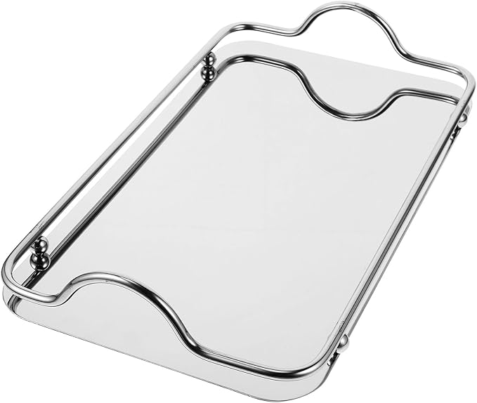 CHILDWEET Stainless Steel Serving Tray with Handles, Small Rectangular Food Tray for Beverage Service, Mirror Finish Silver Platter for Entertaining and Bed Use