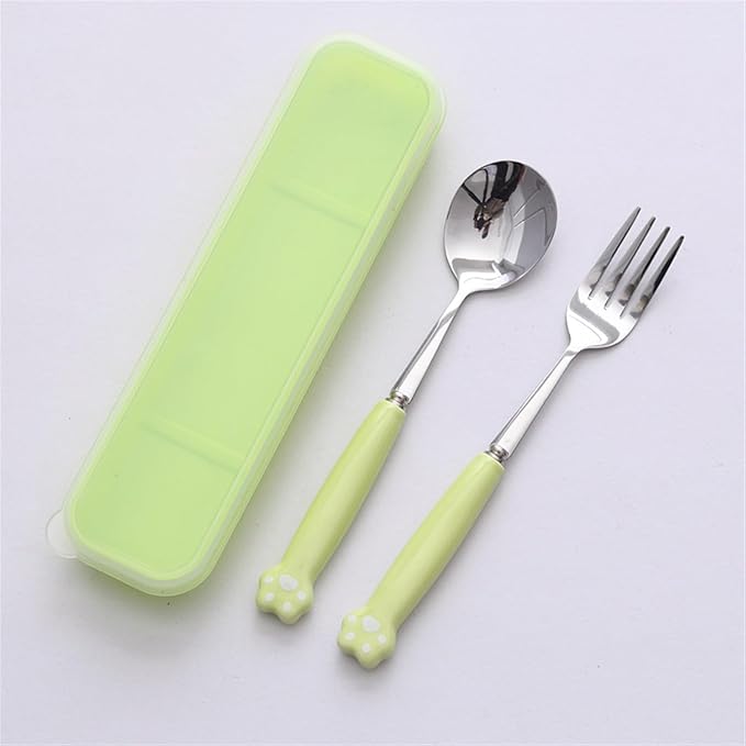 Cute Silverware Set, Cat Paw Ceramic Handle Dinnerware Set Flatware Kitchen Accessories Camping Travel Sets Fork Spoon Chopstick Portable Cutlery Sets with Case, Black Pink Blue Yellow Green