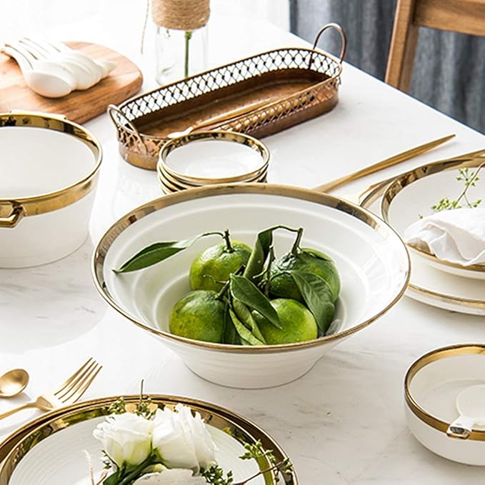 Fine Dinnerware Set,Gold Halo White Porcelain Dinnerware Set, Complete Ceramic Plates and Bowls Sets, Modern Creativity Vintage Round High Class Dishes Set, Luxurious Mel