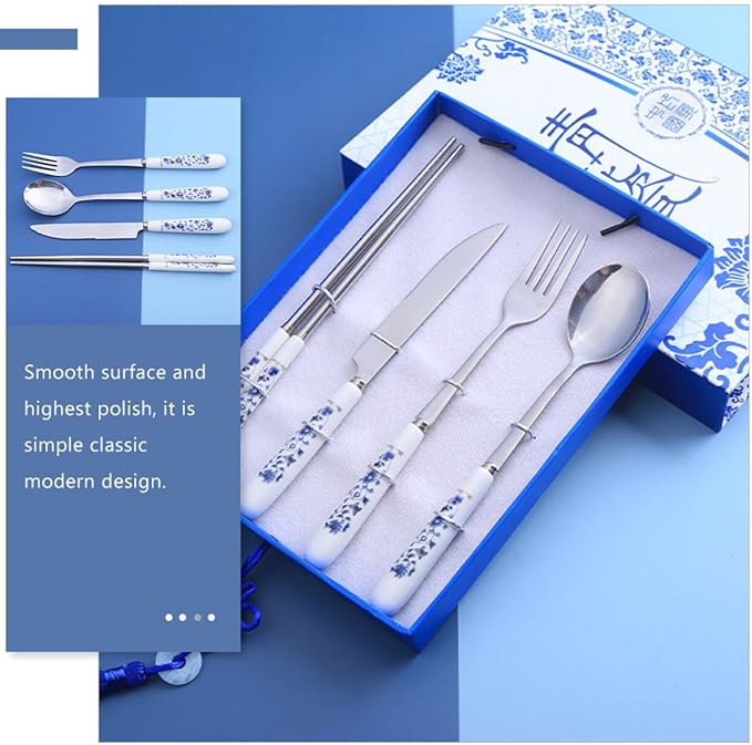 Luxshiny Blue and White Porcelain Flatware Set – Stainless Steel Fork, Spoon, Knife, and Chopsticks – Household Flatware Serving Kit for Home Dining and Party Use, 4pcs Tableware Set