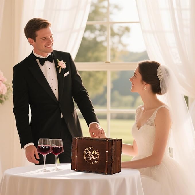 2025 Mr & Mrs Wine Glasses Gift Set with VINTAGE Memory Box – Engagement, Wedding & Newlywed Gifts for Couples, Just Engaged Gifts for Women, Christmas Couple Present