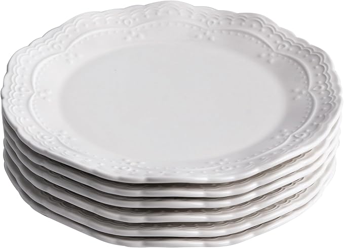 Ceramic Dishes Set of 6,White Porcelain Dinner Plates,Heat Resistant,Scratch Resistant,Highly Glossy Glaze,Embossed,Dishwasher Safe,Microwave Safe,Oven Safe,8 Inch