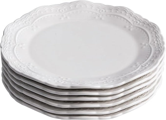 Ceramic Dishes Set of 6,White Porcelain Dinner Plates,Heat Resistant,Scratch Resistant,Highly Glossy Glaze,Embossed,Dishwasher Safe,Microwave Safe,Oven Safe,8 Inch