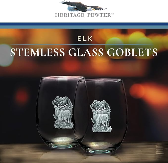 Heritage Pewter Elk Stemless Glass Goblets – Set of 2 | 15 OZ Goblet Wine Glasses | Expertly Crafted Pewter Glass