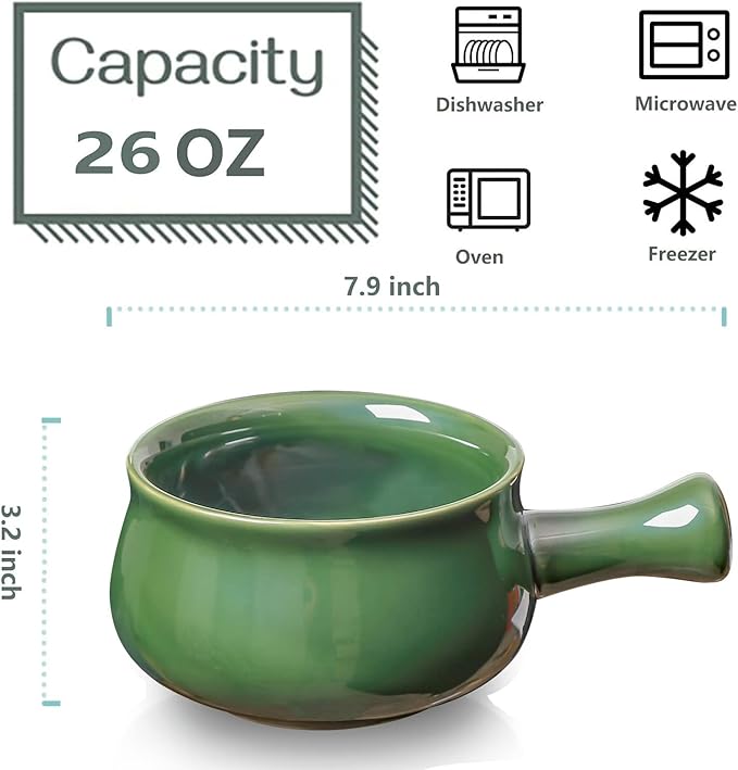 vicrays French Onion Soup Bowls With Handles, 26 Ounce for Soup, Chili, Beef Stew, Chip Resistant, Dishwasher Microwave Safe, Set of 4 (Green)