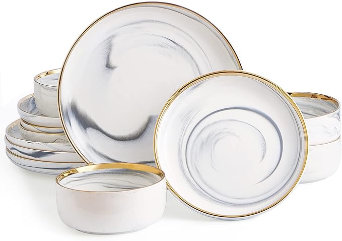Marble Gold Rim Dinnerware Sets, Porcelain Plates and Bowls Sets, Modern Luxury Dish Set for 4, White Grey China Dinner Set for Special Occasions, Hand Wash Quickly