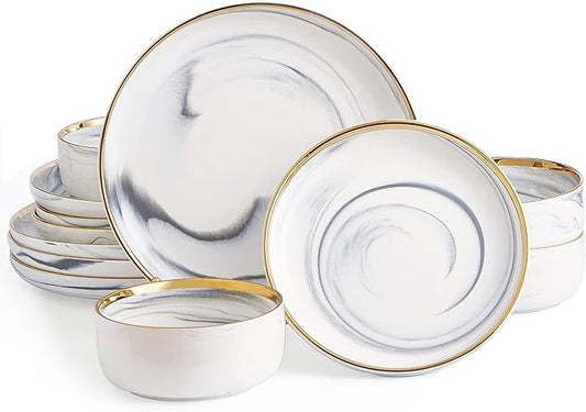 Marble Gold Rim Dinnerware Sets, Porcelain Plates and Bowls Sets, Modern Luxury Dish Set for 4, White Grey China Dinner Set for Special Occasions, Hand Wash Quickly