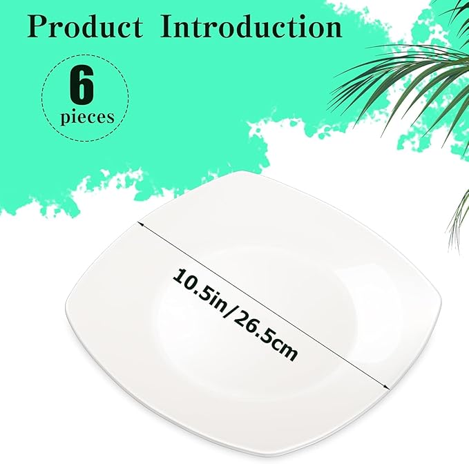 Blcculi 10.5'' Porcelain Dinner Plates,Set of 6 Square Dinner Plates,Porcelain Dessert Plate,White Square Serving Plate for Salad, Pasta, Steak,Snacks