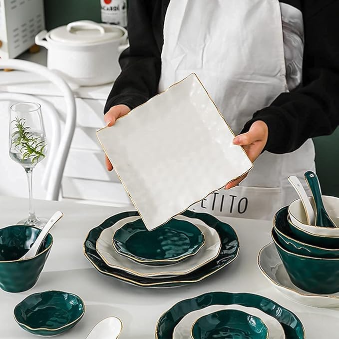 Dinnerware Set Dinner Party Tableware Service Set Nordic Minimalist Style Plate and Bowl Sets, Green and White Mixed Ceramic Dishware Sets, Irregular Underglaze Kitchen Plate Set