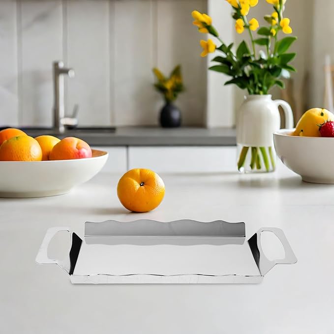 BESPORTBLE Rectangular Stainless Steel Serving Tray with Handles, Medium Silver Chrome Plated Double-Ear Platter 28x15.3cm for Tea, Coffee, Buffet, and Party Serving