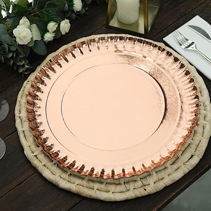 10 Rose Gold 13 in Round Paper Serving Trays with Scalloped Rim Design - Disposable Wedding Party Tableware Supplies