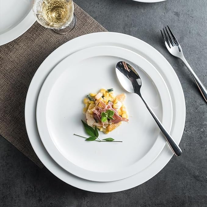 Dinner Plates 7.5-inch Simple White Ceramic Round Commercial Western Steak Dinner Plate Home Wide-rim Appetizer Kitchen Tableware Kitchen Salad Bowl(8 in)