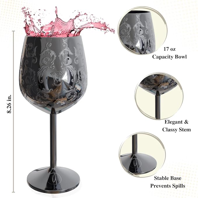 17oz Stainless Steel Wine Glasses [Set of 2] – Black Royal Goblets with Intricate Baroque Engravings, Unbreakable and Shatterproof Wine Cups with Bottle Stopper Ideal for Mother's Day Gift