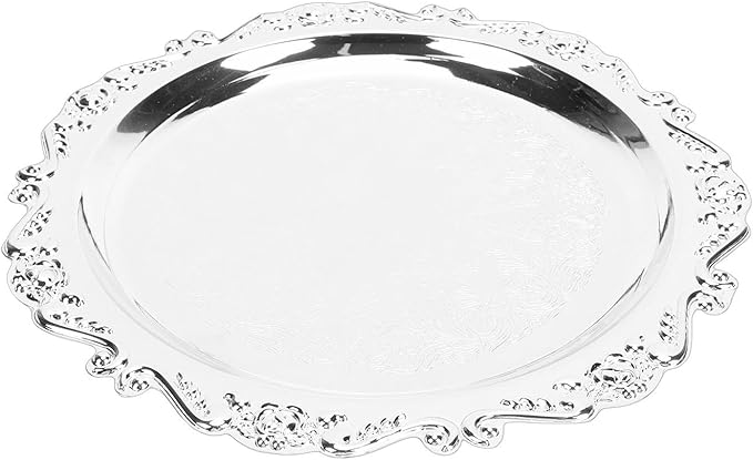 Hilitand Floral Engraved Serving Platter, Vintage Silver Mirror Decorative Tray with Floral Design, for Housewarming Xmas Parties Holidays Kitchens Buffets (25cm)